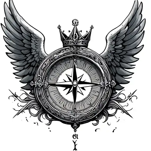 Compass facing north with a Cross angel wings crown tattoo design idea