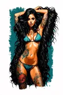 Sexy girl, petite, small boobs, wide hips, bikini . long hair,sexual. Seductive. Full Body, standing with legs and feet tattoo design idea