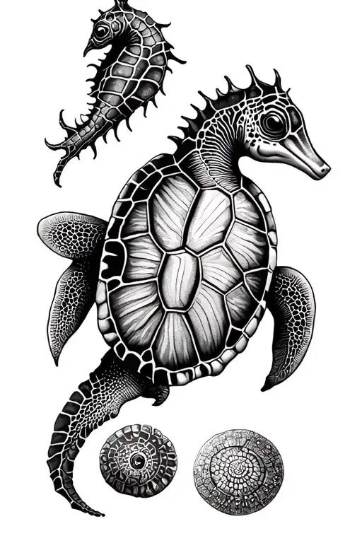 sea turtle, seahorse, sting ray tattoo design idea