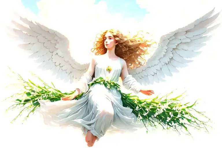 lily of the valley blossoming underneath a beautiful angel while she is flying sideways with clouds above her head tattoo design idea