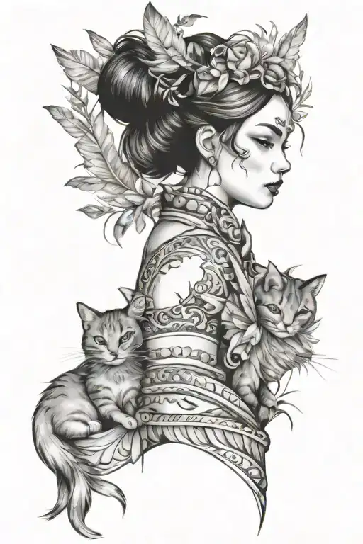 freya with feathers and cat  tattoo design idea