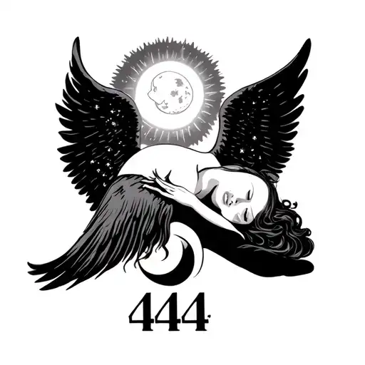 simple angel sleeping with sun and moon on either side with the number 444 under the angel tattoo design idea