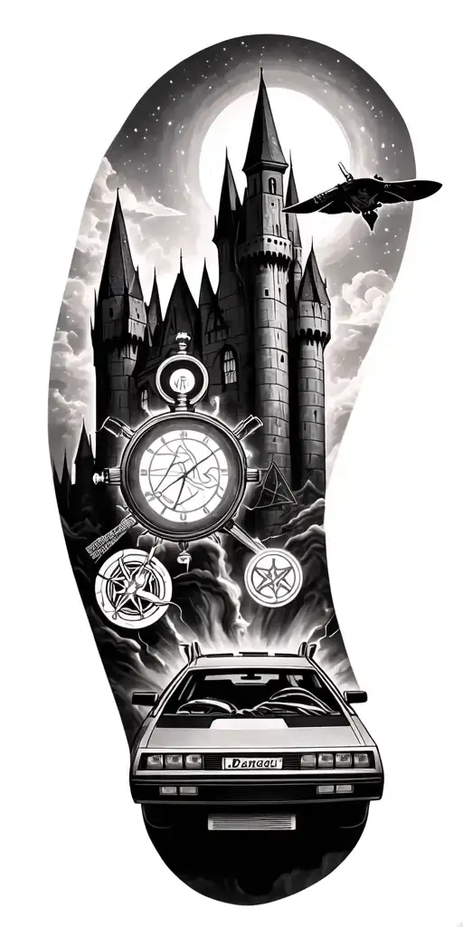 A magical mashup tattoo of Harry Potter and Back to the Future elements, like a time-turner with wizarding symbols and the DeLorean flying through the Hogwarts castle tattoo design idea