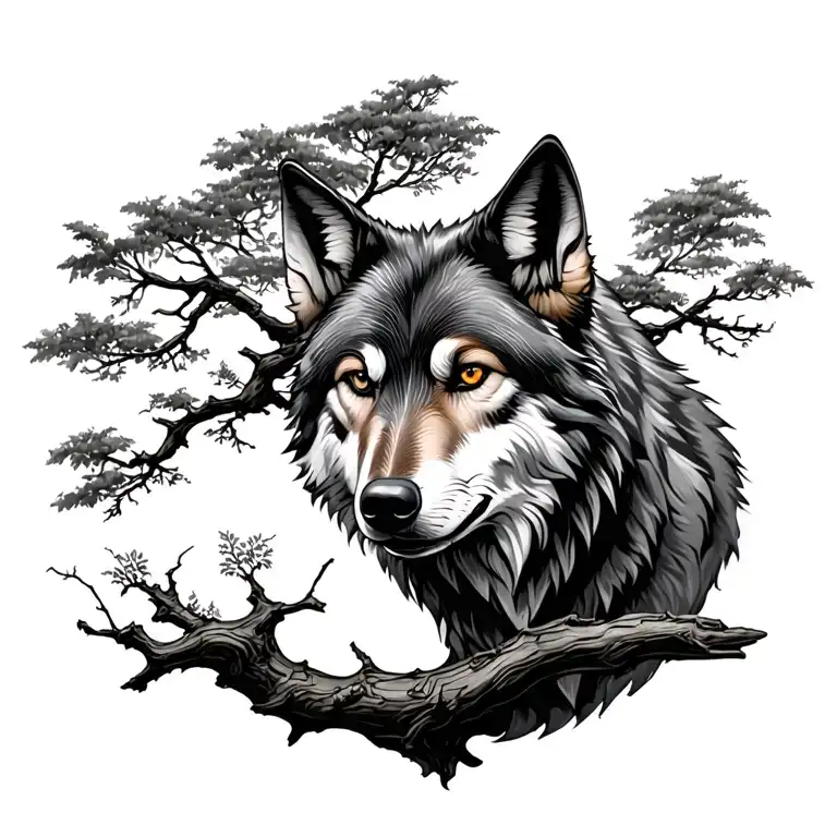 Wolf tree branch growing tattoo design idea