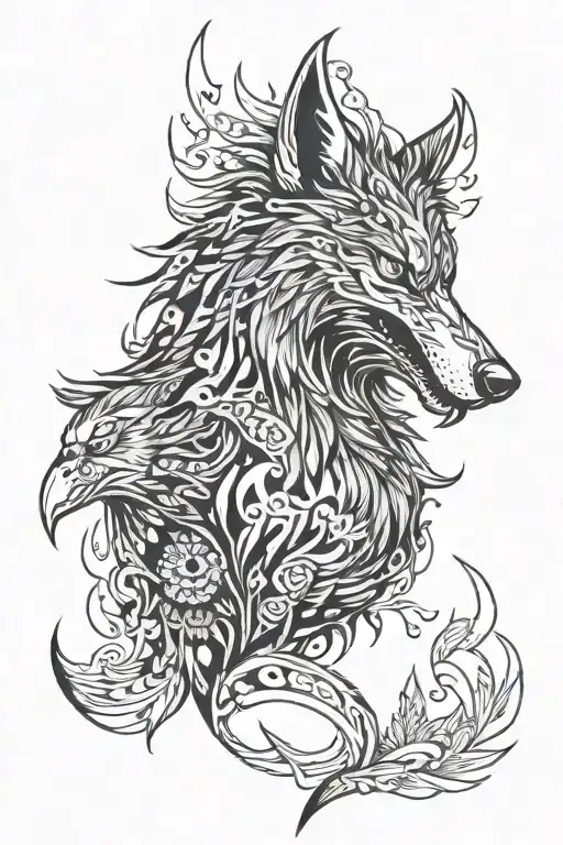 wolf, eagle, cool, shamanism, aggressive tattoo design idea
