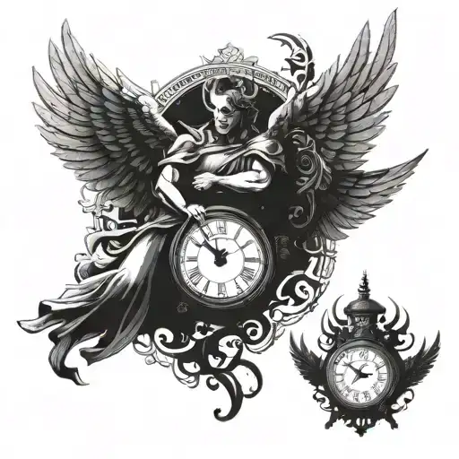 An angel and demon engaged in a fierce battle, with intricate wings and a clock symbolizing the passage of time tattoo design idea