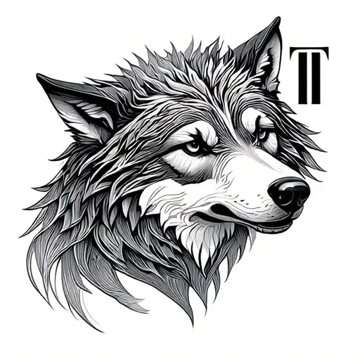 Piano keys fading, watch mechanism intertwined, linear wolf head, letter T tattoo design idea