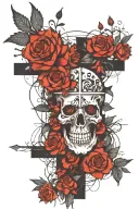 cross and thorns crown surrounded by bold flowers tattoo design idea