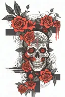 cross and thorns crown surrounded by bold flowers tattoo design idea