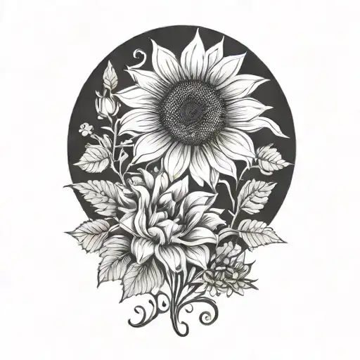 sunflower, rose, and chrysanthemum, flower surrounded tattoo design idea