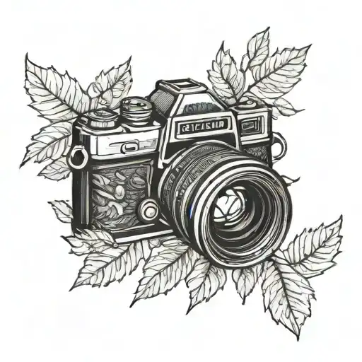 A camera lens surrounded by a wreath of fall leaves tattoo design idea