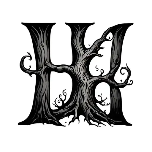 tree of life shaped like the letter H in cursive writing tattoo design idea