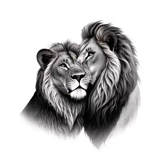 lion and lioness facing eachother with foreheads together tattoo design idea