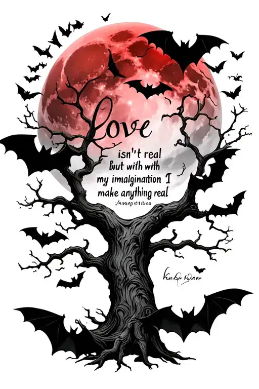 Posion tree bats flying, with a red moon quote "love isn't real but with my imagination I can make anything real tattoo design idea