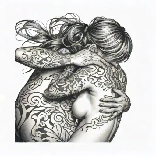 Woman bent over vomits, other woman holds her hair tattoo design idea