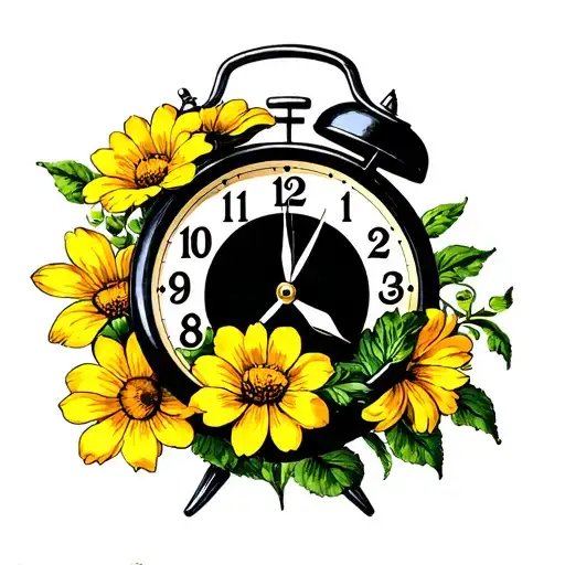 black alarm clock with yellow accent flowers tattoo design idea