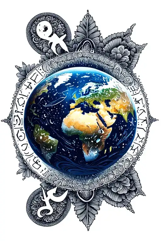 Planet Earth with zodiac sign Aquarius and Libra combined and framed with the style of a mandala tattoo design idea