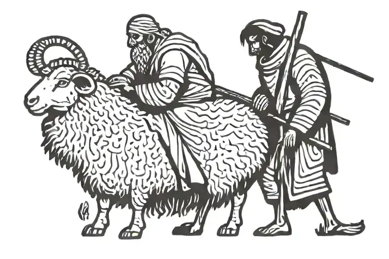 A simple line drawing of a shepherd with a crook, standing next to a sheep. Both figures are depicted in a pastoral, rur tattoo design idea