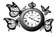 broken pocket watch and 3 butterflies tattoo design idea