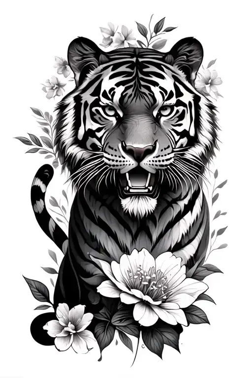 tiger, flowers, Japanese style, full leg or arm tattoo design idea