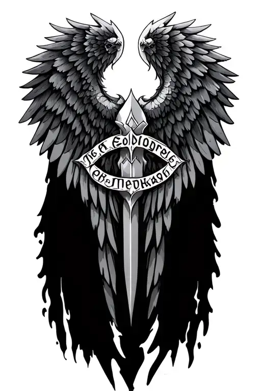 vggdarsil and Valkyrie wings with Norse script between the wings tattoo design idea
