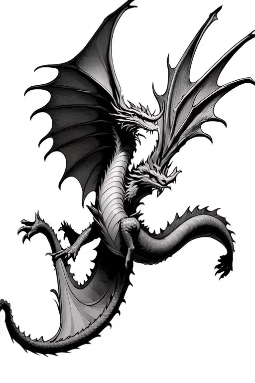 As this is for a tattoo on a forearm. An illustration of a styled dragon flying upwards with wings outstretched, it's lo tattoo design idea