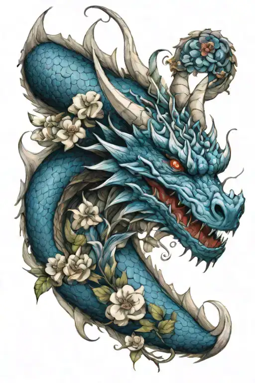 blue haku like dragon with human heart and flowers  tattoo design idea