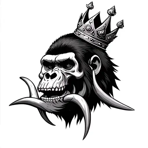 half skull half gorilla with a crown and long tusks tattoo design idea