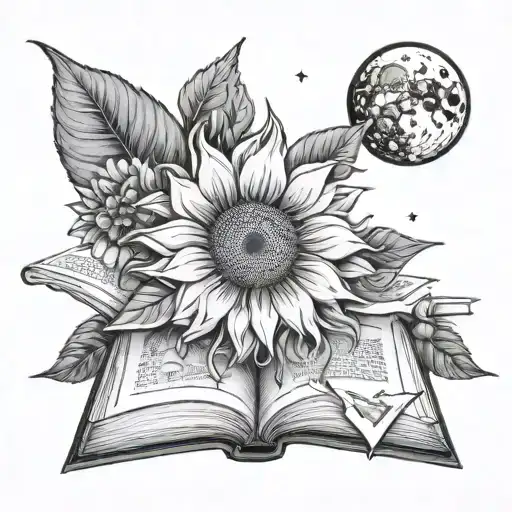 black and white, fine line, from an open book and from its pages come the moon, a sunflower, a laptop, Saturn, stars b tattoo design idea