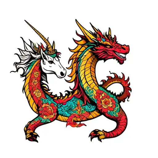 midieval dragon with unicorn full body tattoo design idea