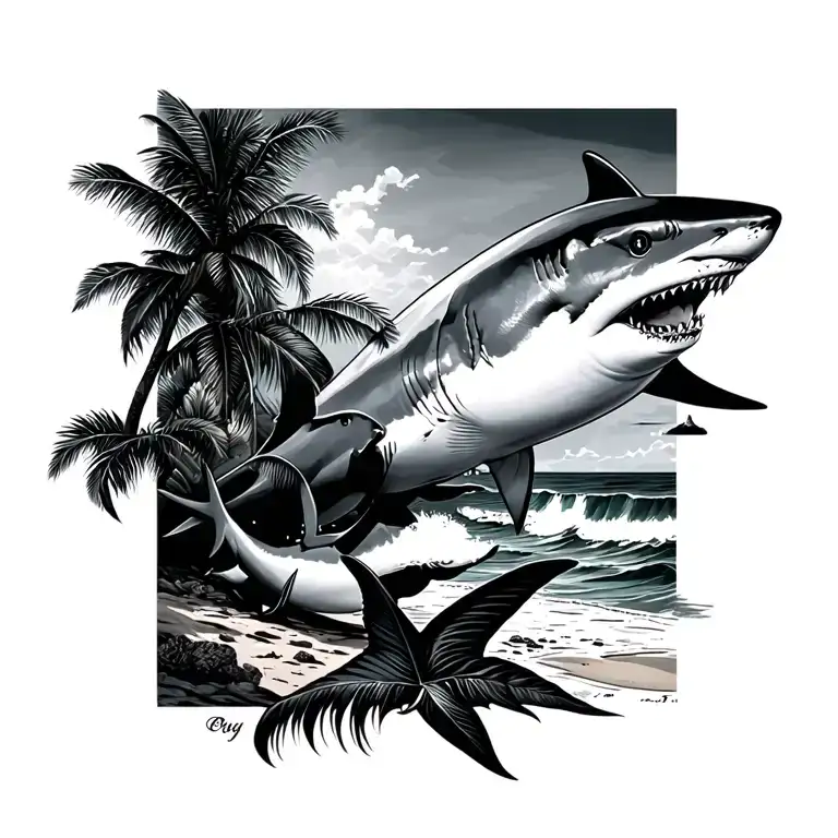 beach and sharks, small tattoo design idea