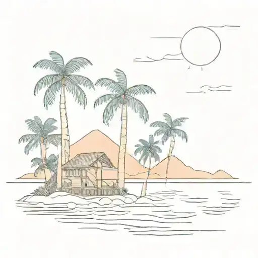 coconut tree、water bungalow at sun set tattoo design idea