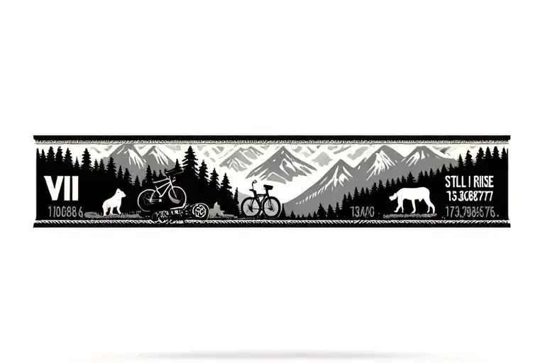 Abstract armband with a bike, mountains, trees, 2 dogs, VII number, still i rise quote and 13.068866,74.992779 coordinat tattoo design idea