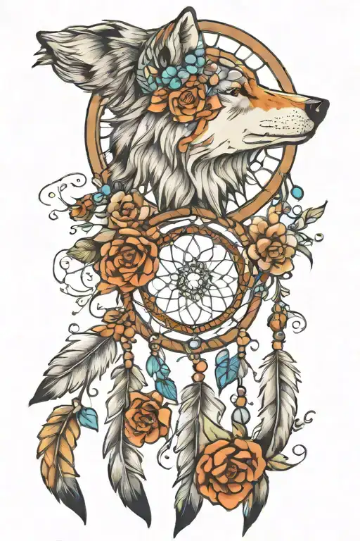 dream catcher entangled with flowers and feathers, wolves  tattoo design idea