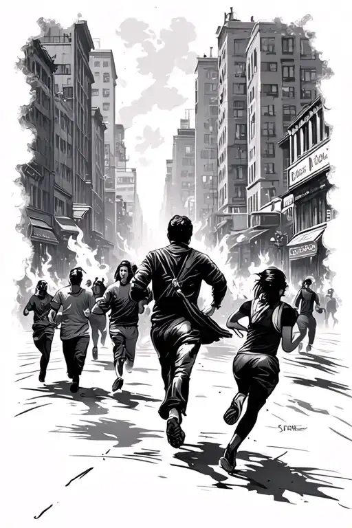street in a city burning, people running tattoo design idea