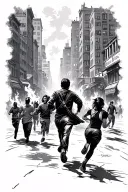 street in a city burning, people running tattoo design idea