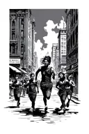 street in a city burning, people running tattoo design idea