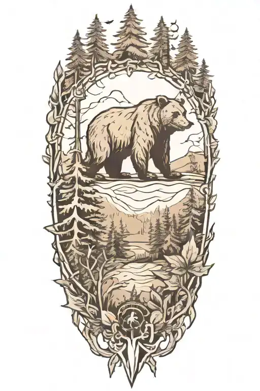 forest and a bear tattoo design idea