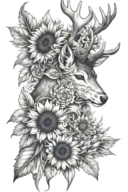 sparrow feathers, deer antler, sunflowers wrapped tattoo design idea
