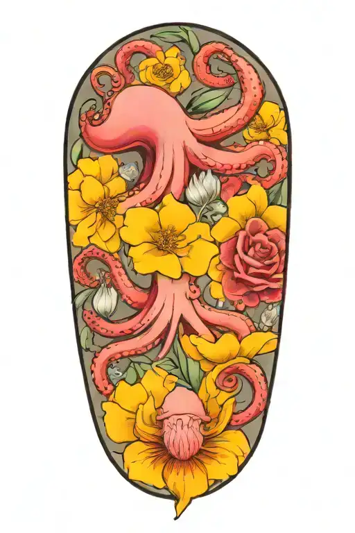 snowdrop, rose, marigold, large octopus tattoo design idea