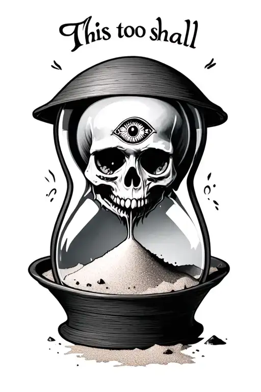 "This too shall pass" skull with third eye socket, slowly being buried inside an hourglass filled with sand tattoo design idea