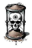 "This too shall pass" skull with third eye socket, slowly being buried inside an hourglass filled with sand tattoo design idea