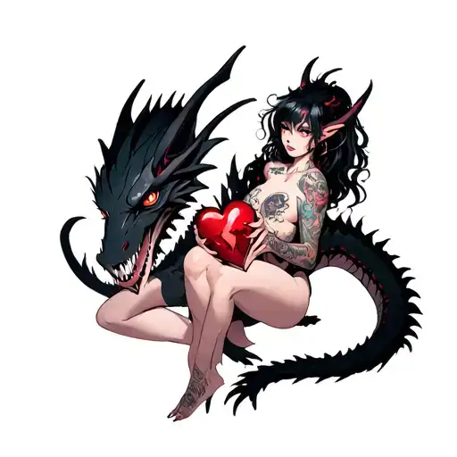 tattooed anime demon girl holding a shattered heart surrounded by a voodoo black dragon tattoo design idea