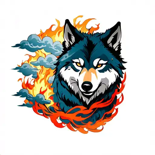 Japanese Wolf with clouds and fire tattoo design idea