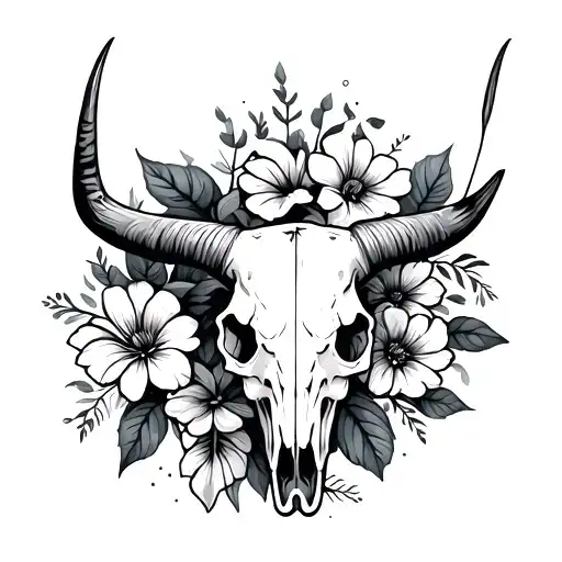 longhorn skull with February, April, July, September, October, November, December birth month flower tattoo design idea