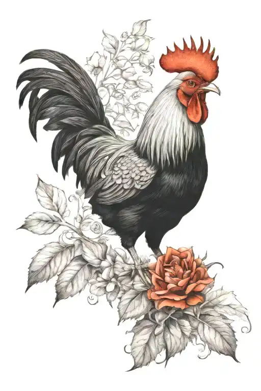 rooster, detroit, blackbird in front ilustration tattoo design idea