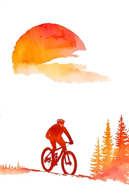Silhouette mountain bike, against a background of the forest and sunset, homage Joël née 1951 tattoo design idea