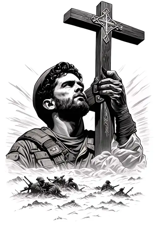 army man, looking up at a cross surrounded by a battlefield tattoo design idea
