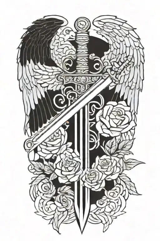 angel wings behind sword, roses tattoo design idea
