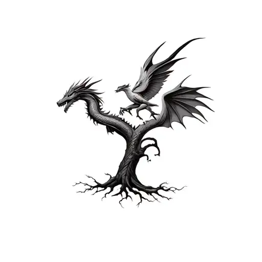 dragon and phoenix rising from tree of life  tattoo design idea